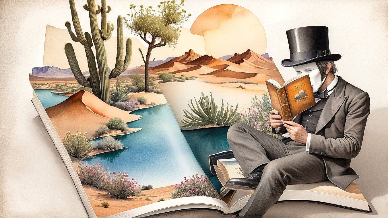 Whimsical Scene of Figure on Oversized Open Book