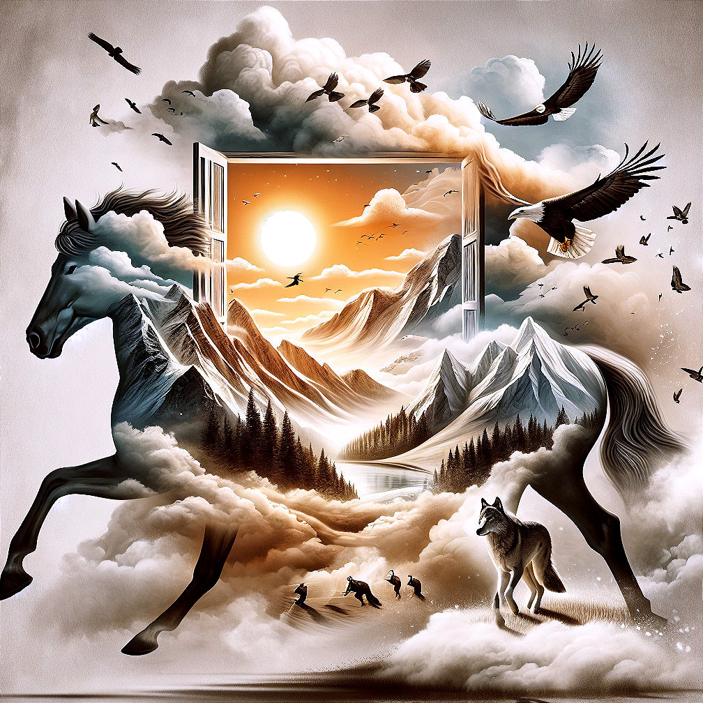 Surreal Landscape with Mountains, Horse, and Wolf