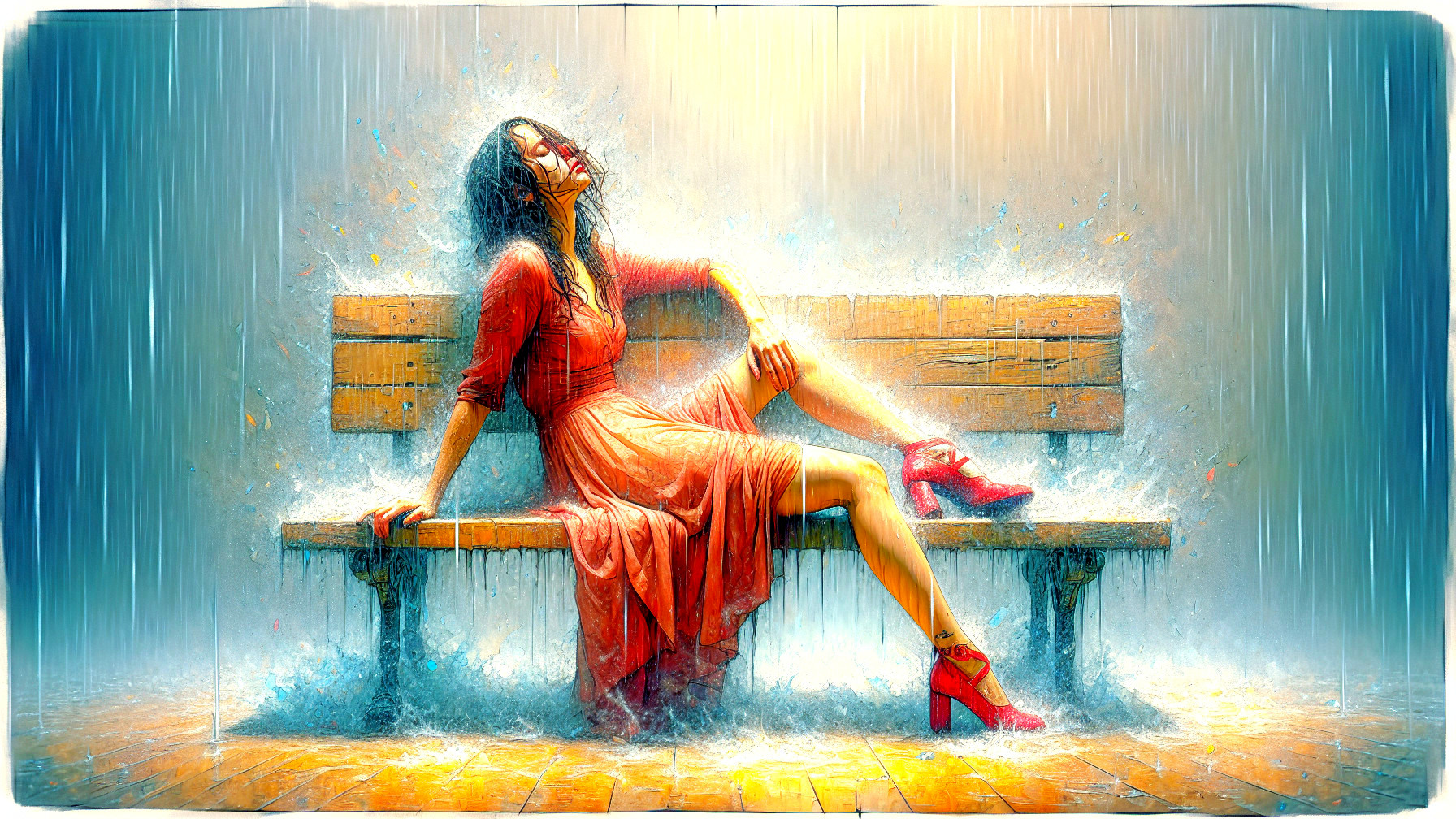 Woman in Red Dress Seated on Bench in Rainy Scene