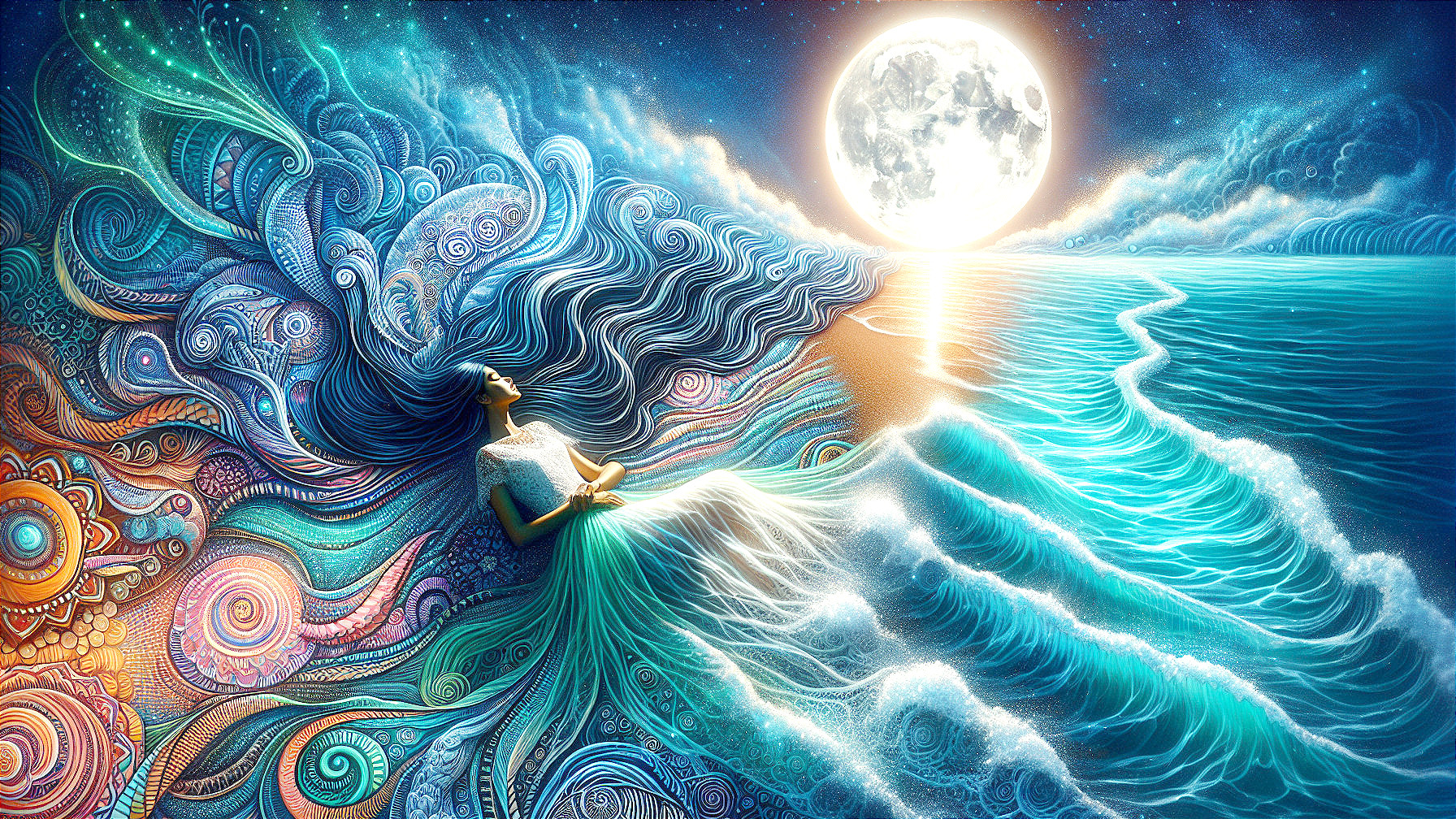Surreal Scene of Woman on Waves with Cosmic Elements
