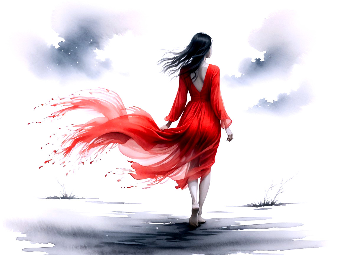 Solitary Figure in Red Dress in Dreamlike Setting