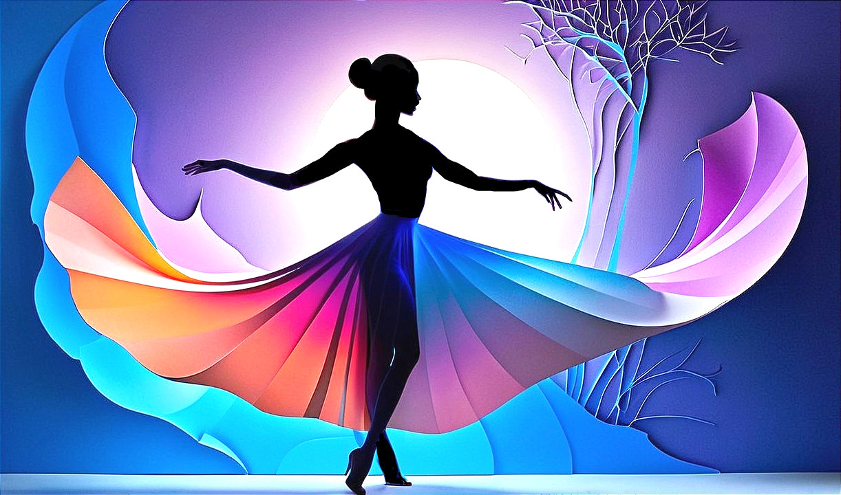 Elegant dancer silhouette with vibrant paper-cut backdrop