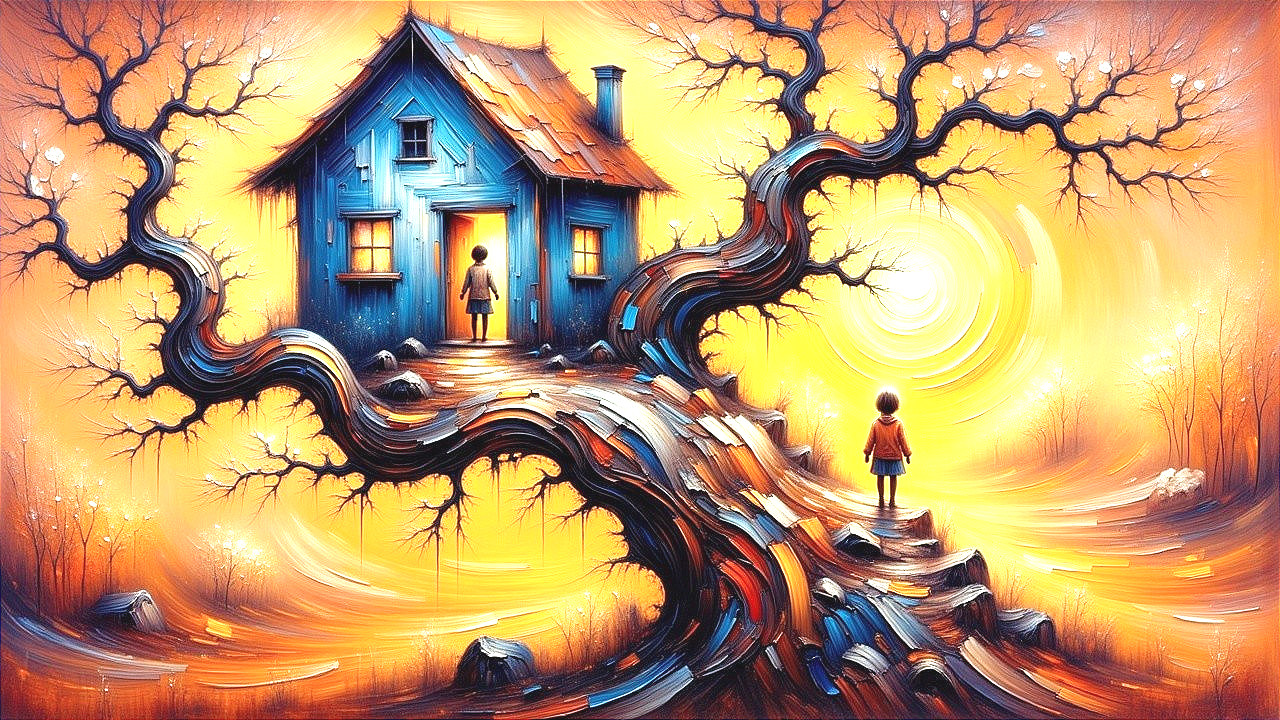 Whimsical Landscape with Blue House in a Tree