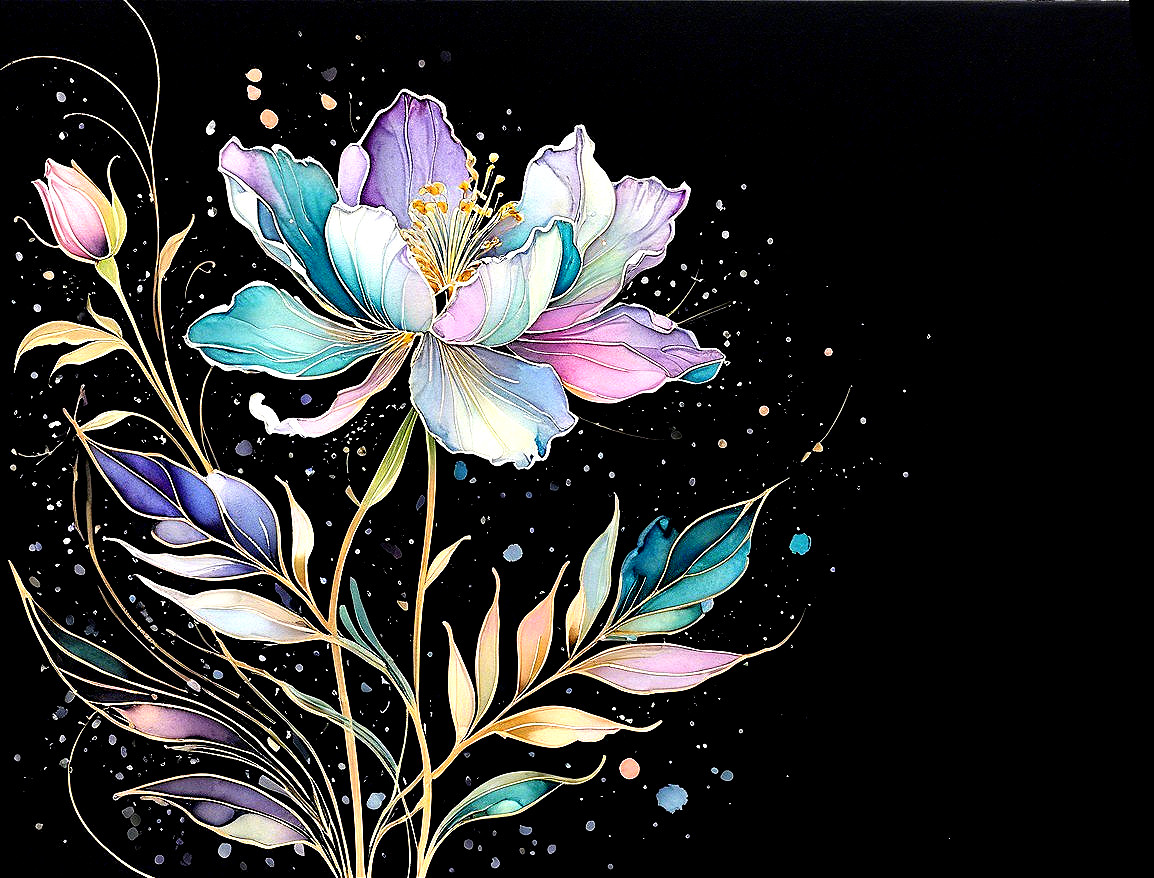 Vibrant Flower Artwork with Purple and Turquoise Petals