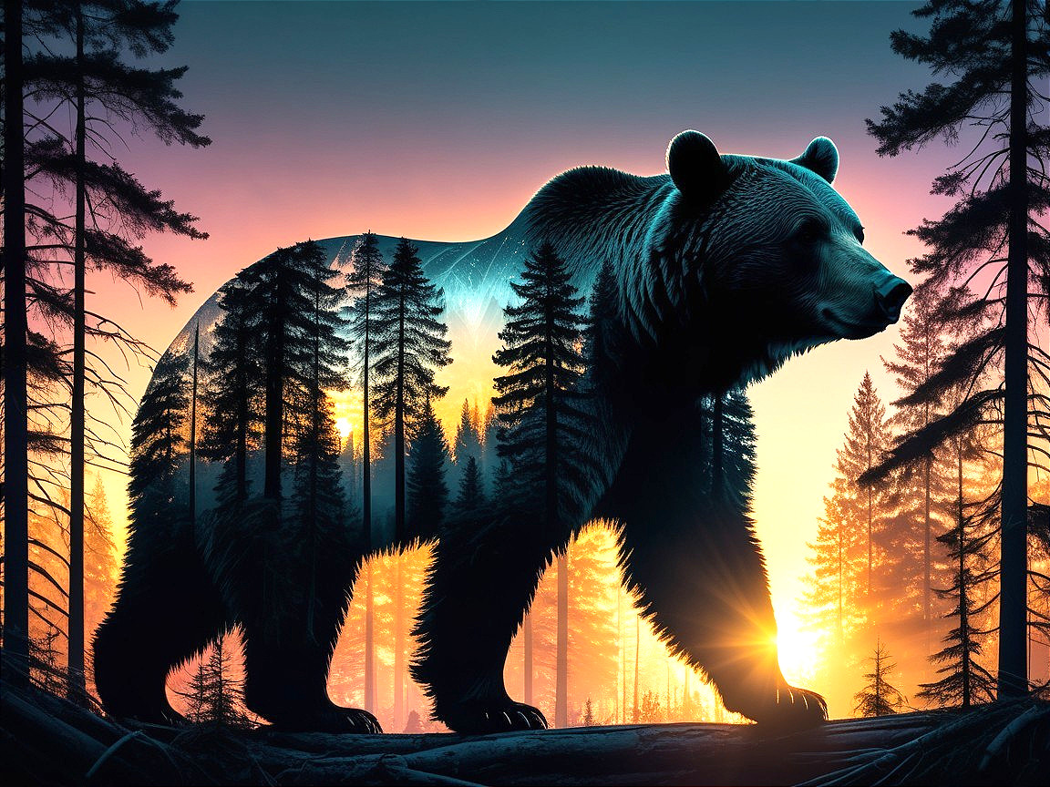 Bear Silhouette with Forest Scene at Sunset