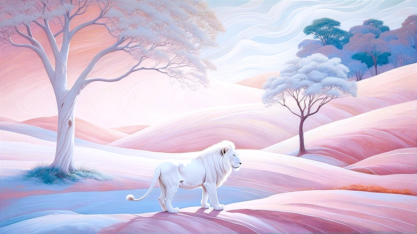 White Lion in Pastel Landscape with Ethereal Quality