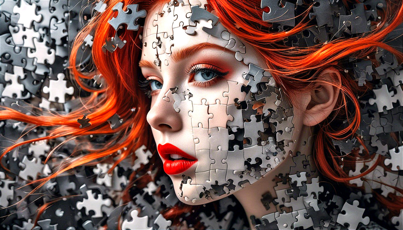 Artistic portrait of a woman with red hair and puzzle pieces