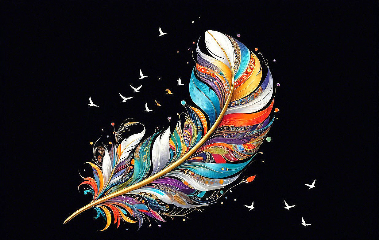 Vibrant Feather Design with Colorful Patterns and Birds