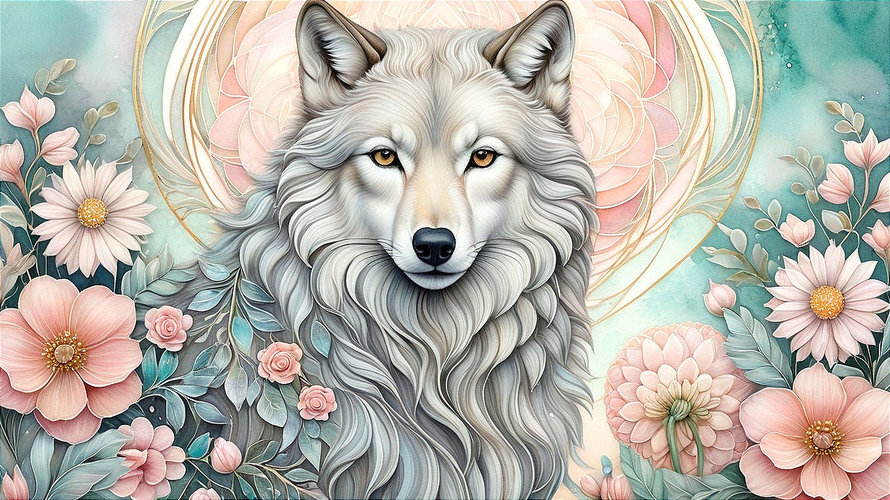 Detailed Wolf Surrounded by Pastel Flowers and Patterns