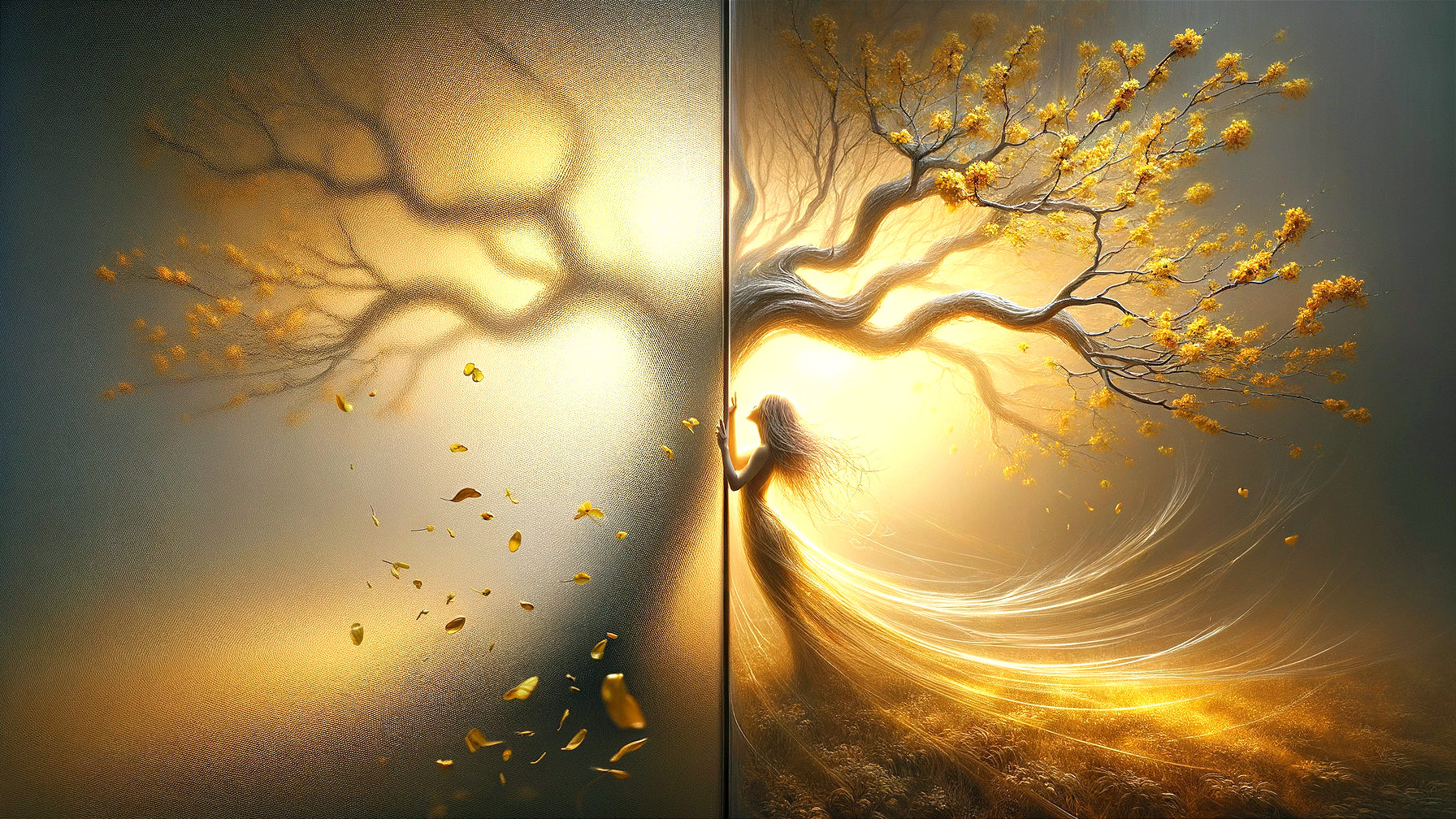 Split Scene of Transformation: Shadow and Golden Tree