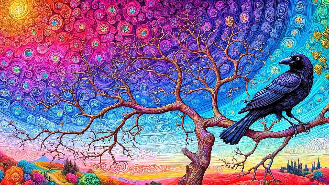Surreal Landscape with Vibrant Sky and Raven