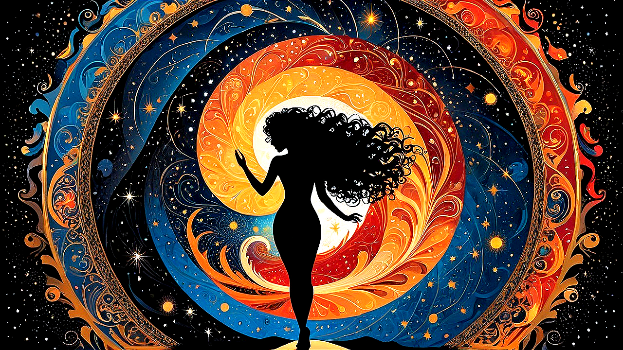 Silhouetted Woman in a Vibrant Cosmic Background