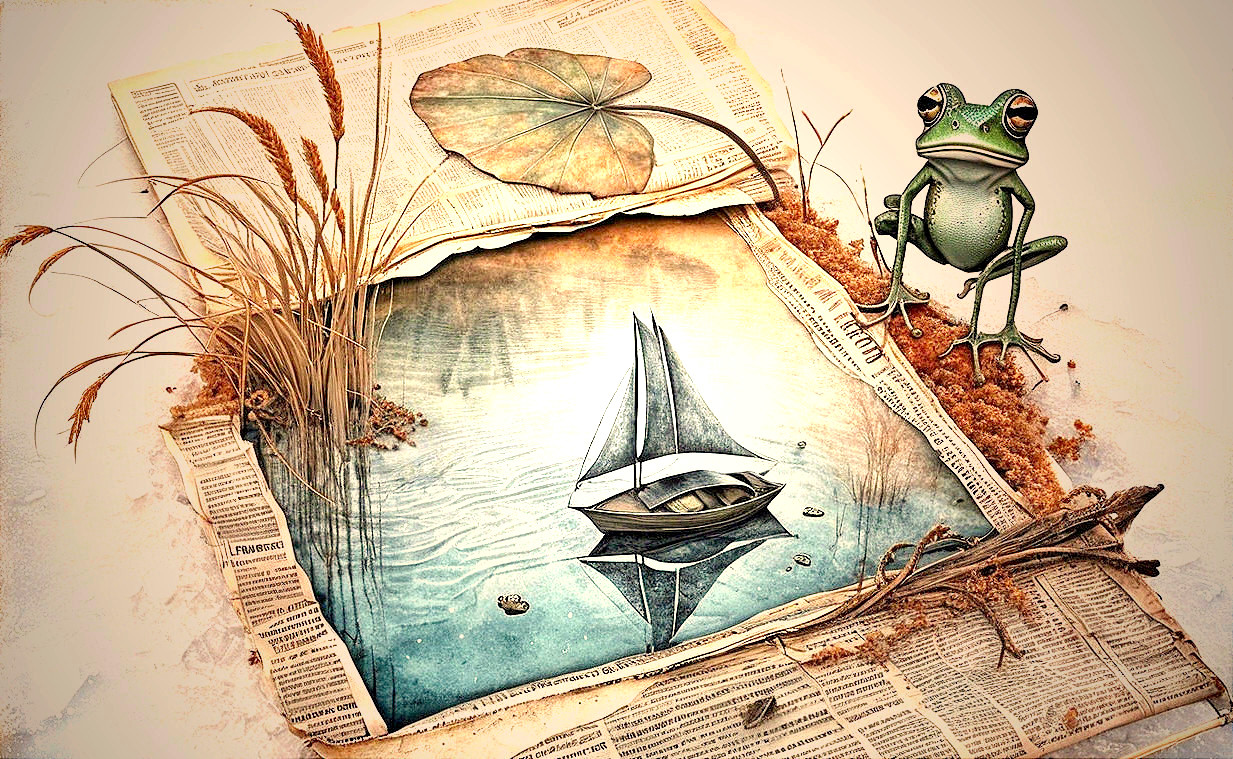 Whimsical Frog and Newspaper with Serene Landscape