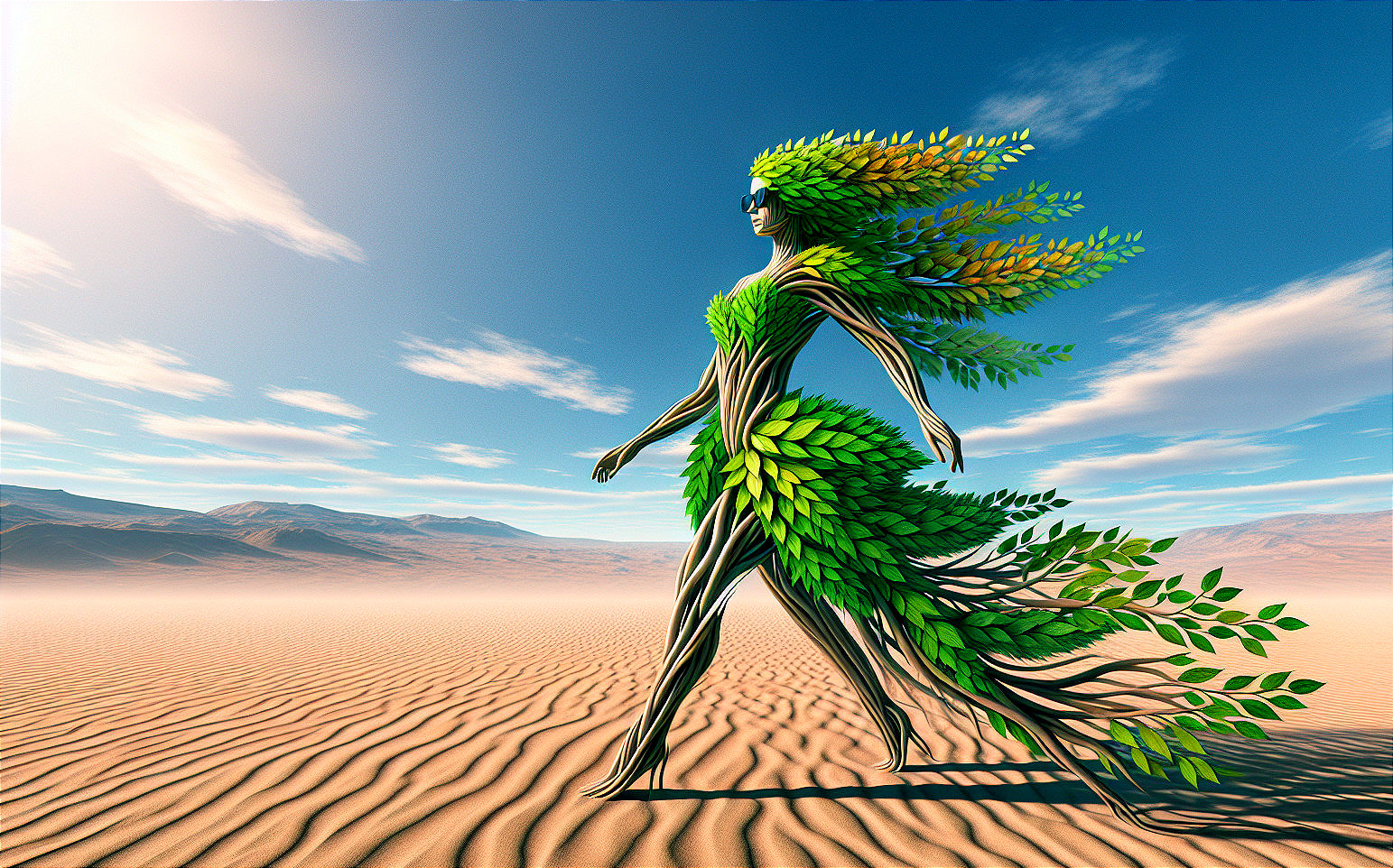Surreal Figure in Sandy Landscape with Nature Elements