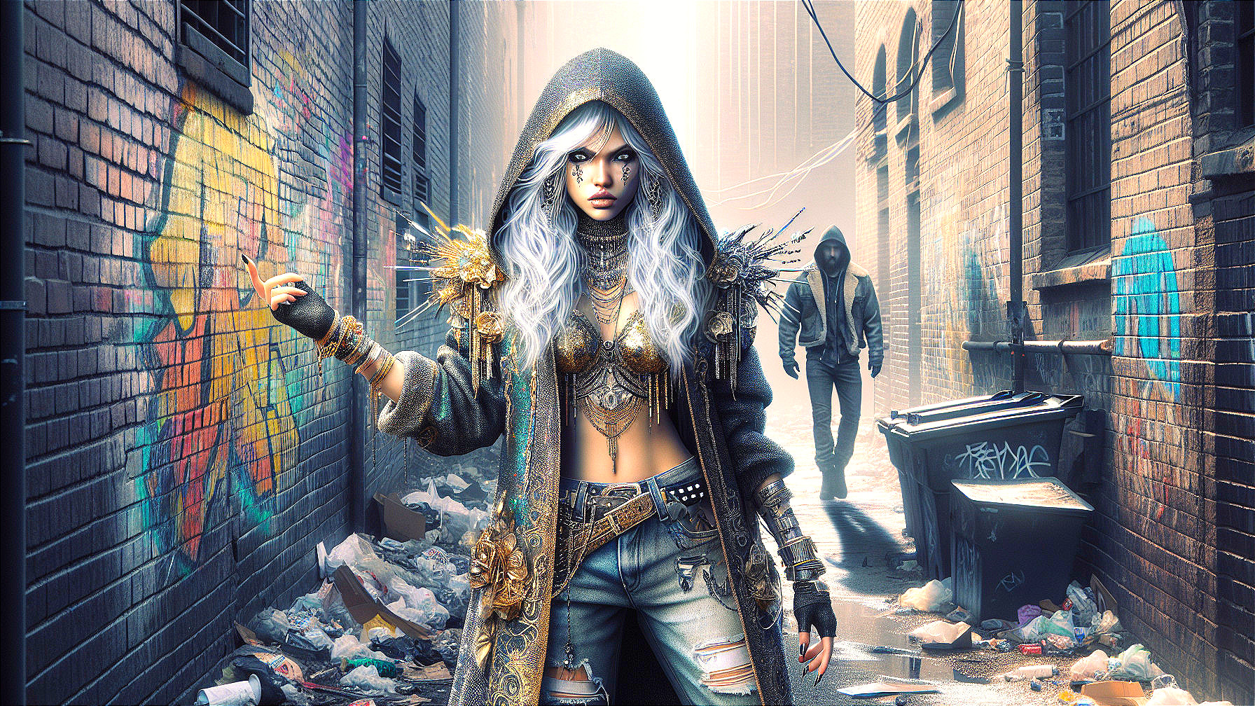 Urban Alley Scene with Hooded Figure and Graffiti
