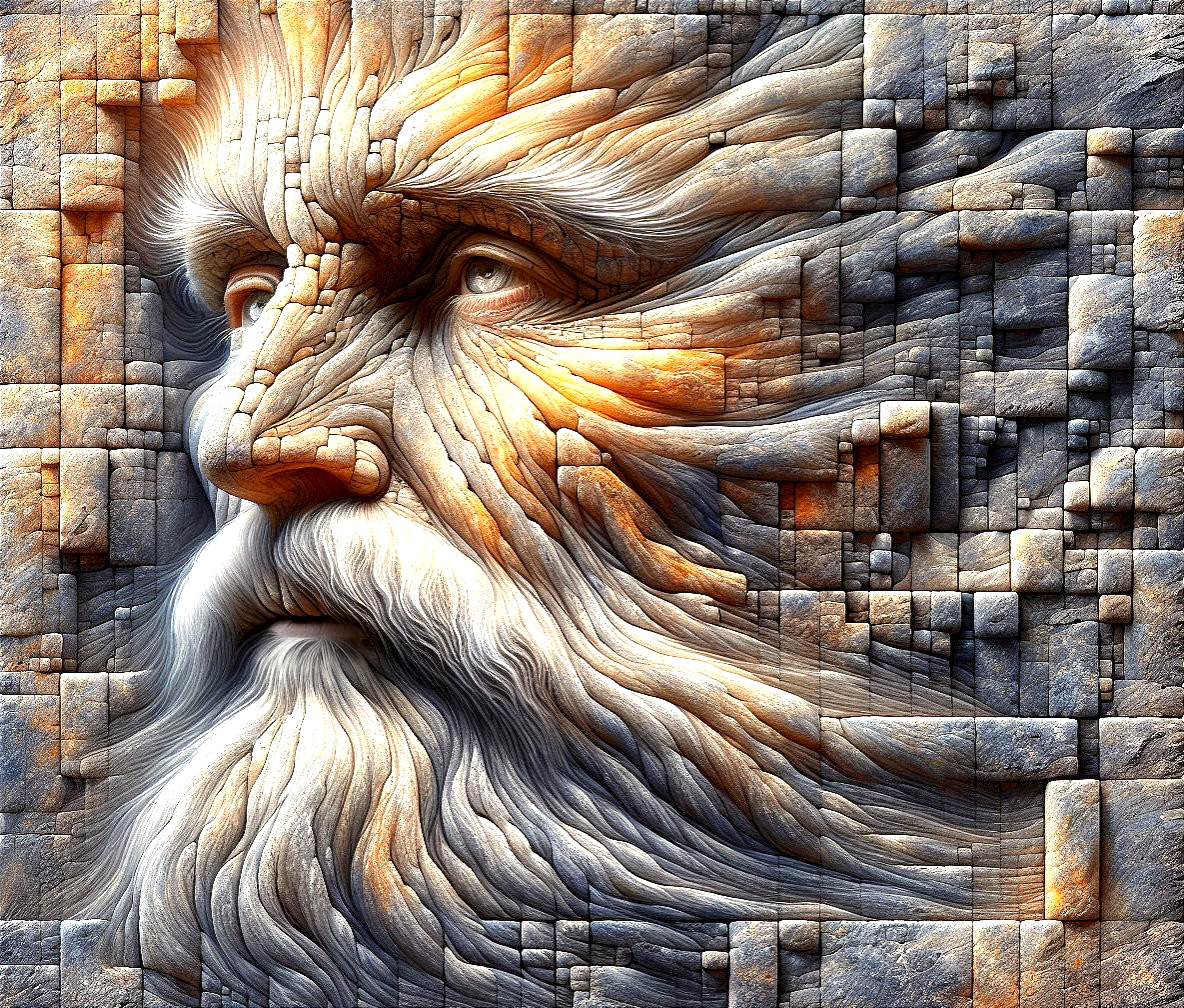 Sculptural Face with Textured Stone or Wood Surface