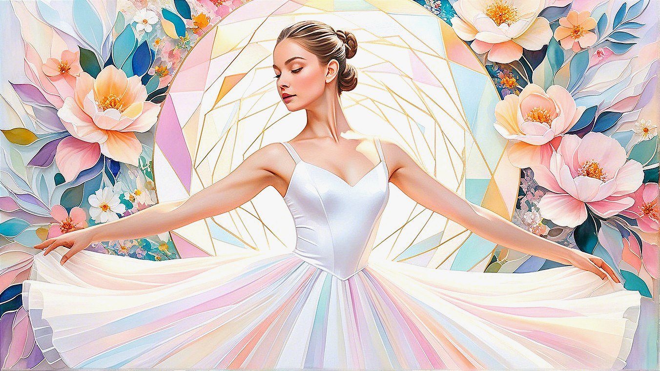 Ballerina in White Tutu Surrounded by Pastel Flowers