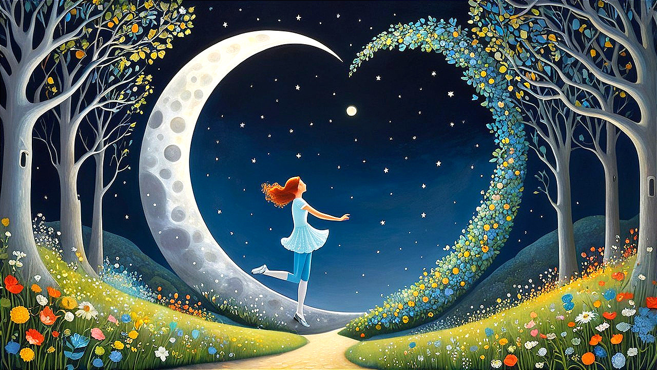 Whimsical Landscape with Girl Dancing Under Moon
