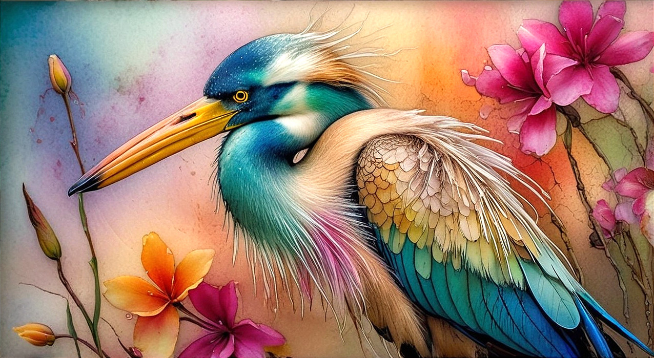 Illustration of a Heron Surrounded by Colorful Flora