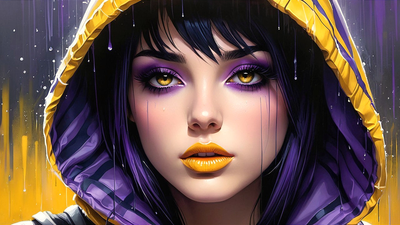 Close-up of a woman with yellow eyes and purple hoodie