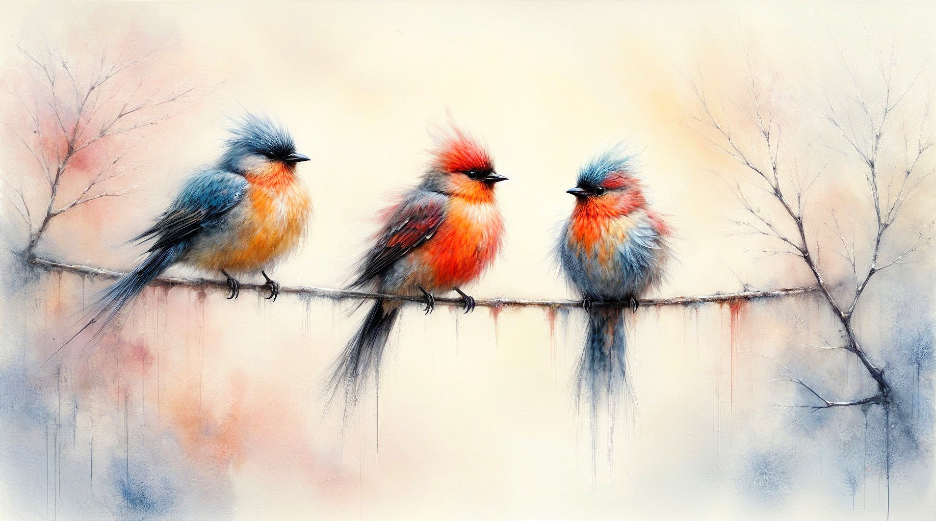 Vibrant Birds on Delicate Branch with Pastel Background