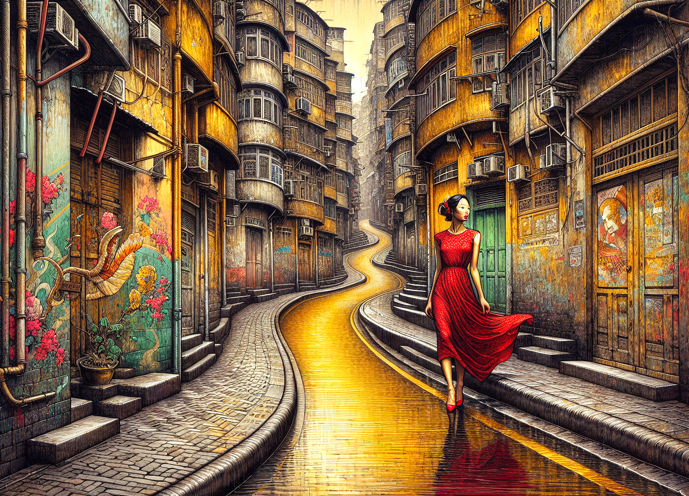 Woman in Red Dress Walking Through Urban Alleyway