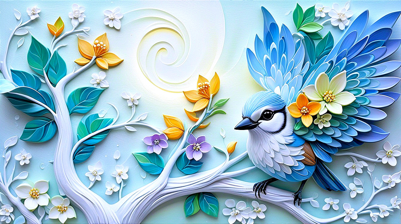 Three-Dimensional Artwork of Bird on Stylized Tree