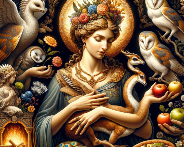 Goddess Surrounded by Nature with Floral Crown and Deer