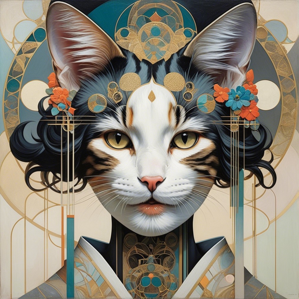 Artistic Cat with Floral and Geometric Patterns