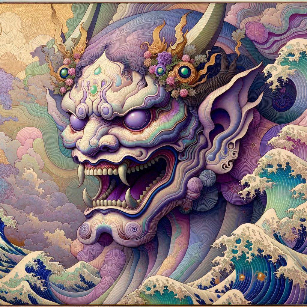 Vibrant Demon Face with Bold Colors and Patterns