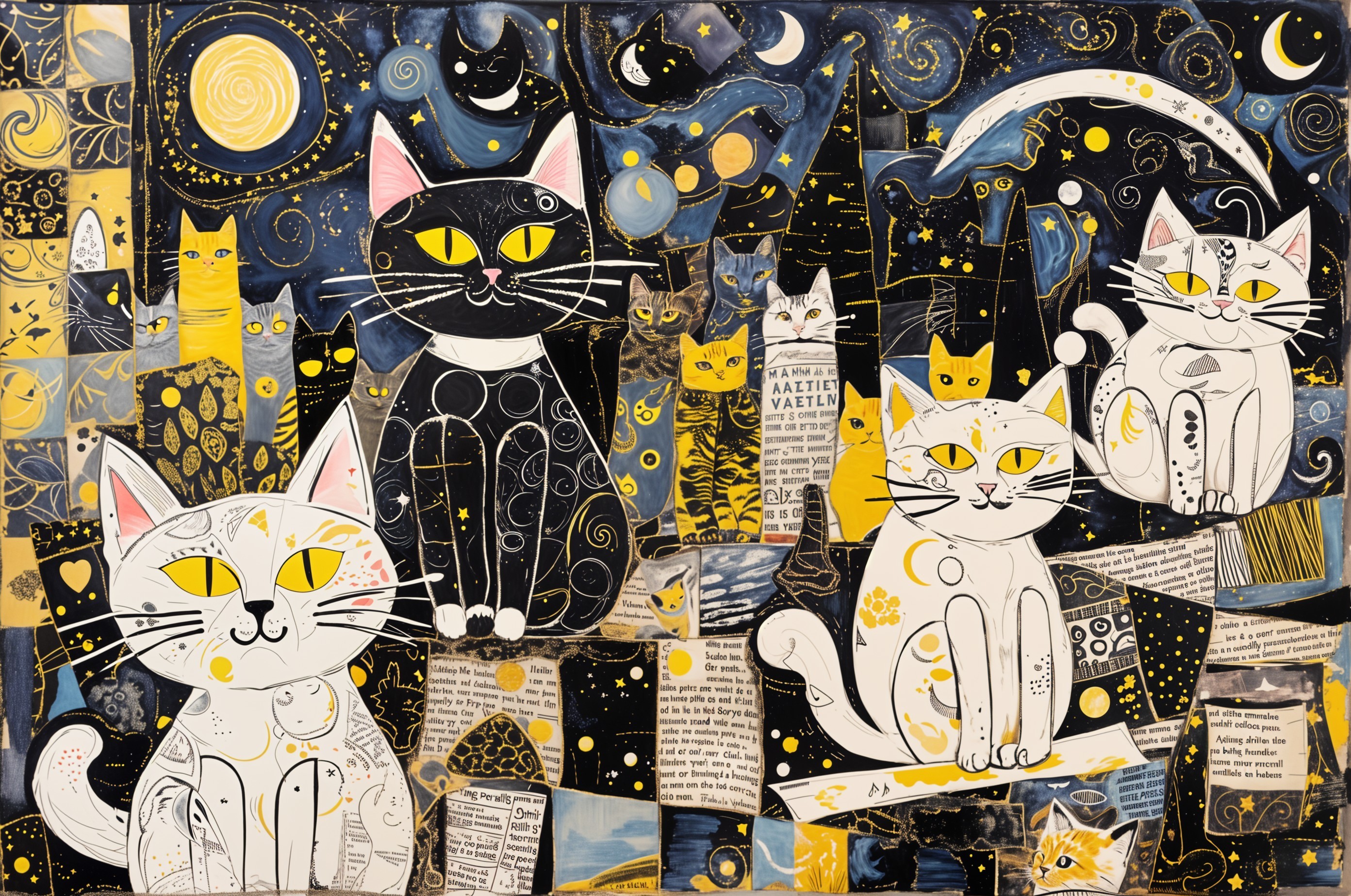 Colorful Collage of Cartoonish Cats in Starry Night