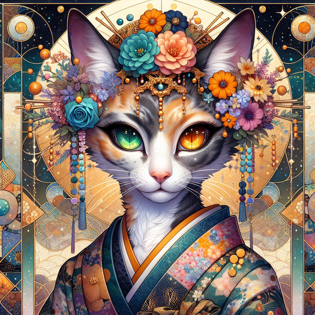 Illustration of a cat in a kimono with floral details