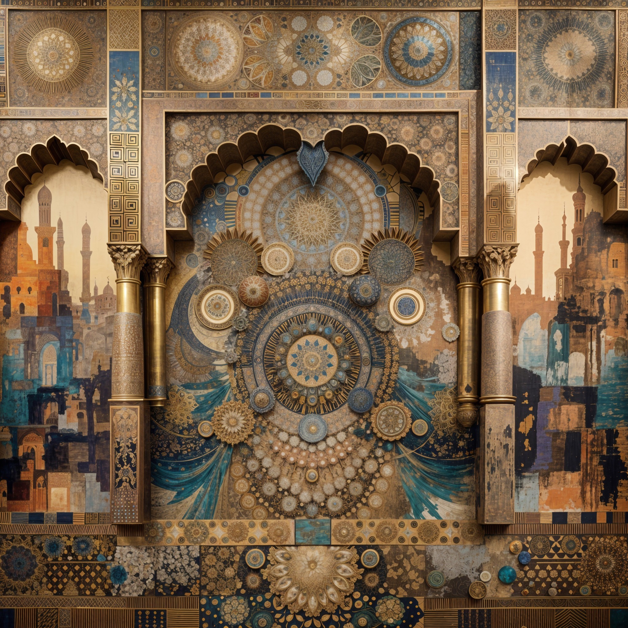 Intricate Wall Mural with Geometric Patterns and Textures
