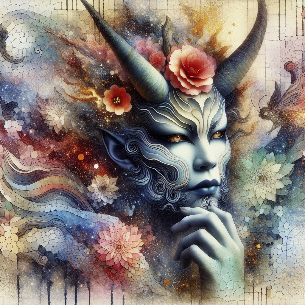 Fantastical Figure with Horns and Cosmic Background