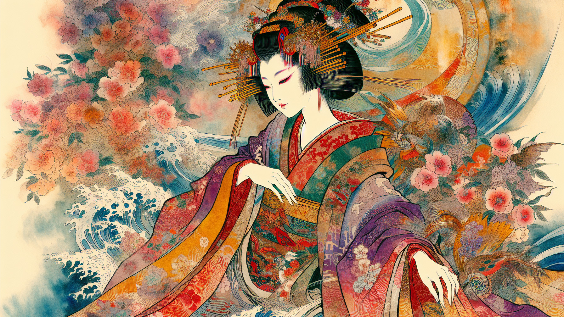 Detailed Illustration of a Geisha in Vibrant Kimono