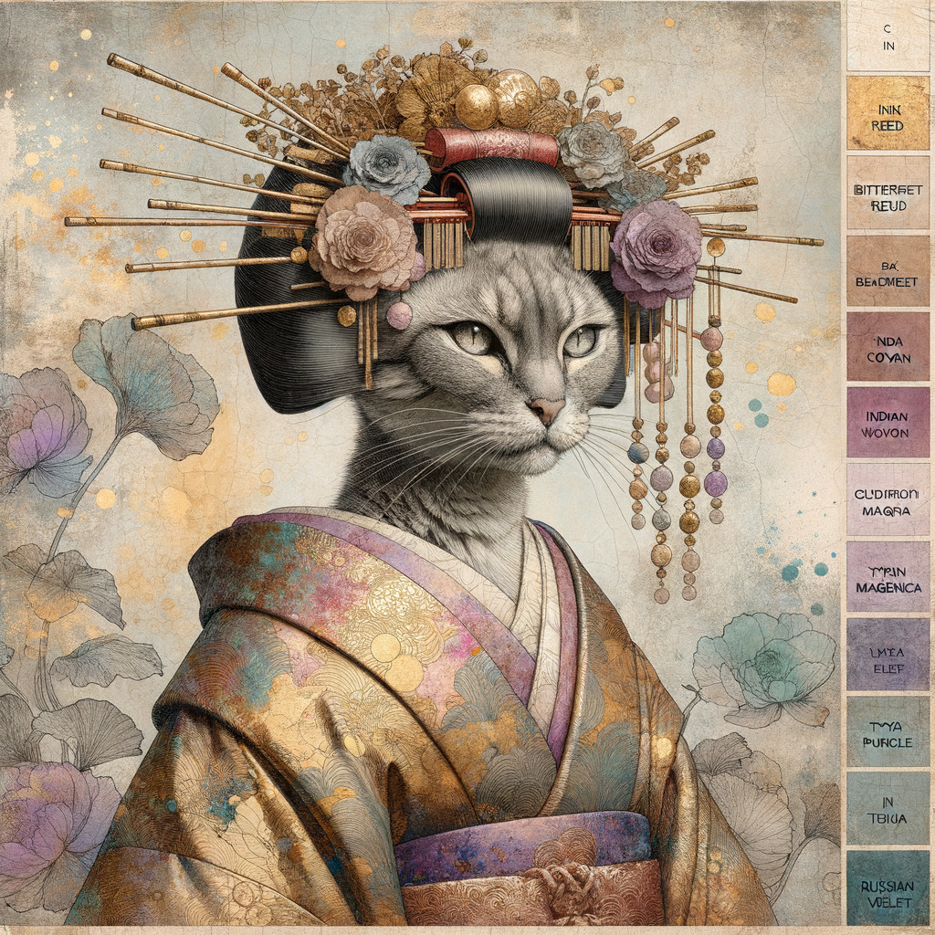 Stylized Cat in Kimono with Floral Patterns and Kanzashi