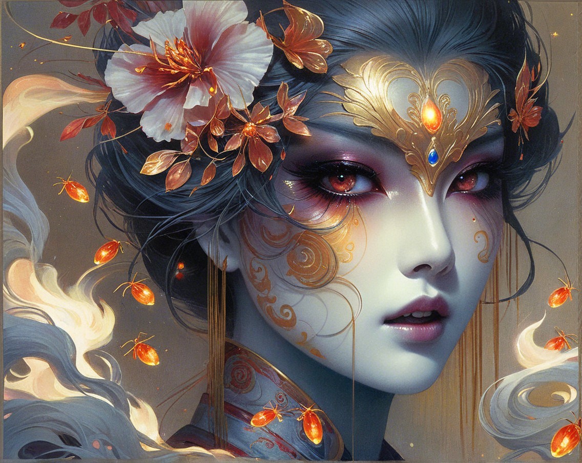 Portrait of a Woman with Gold Designs and Headdress