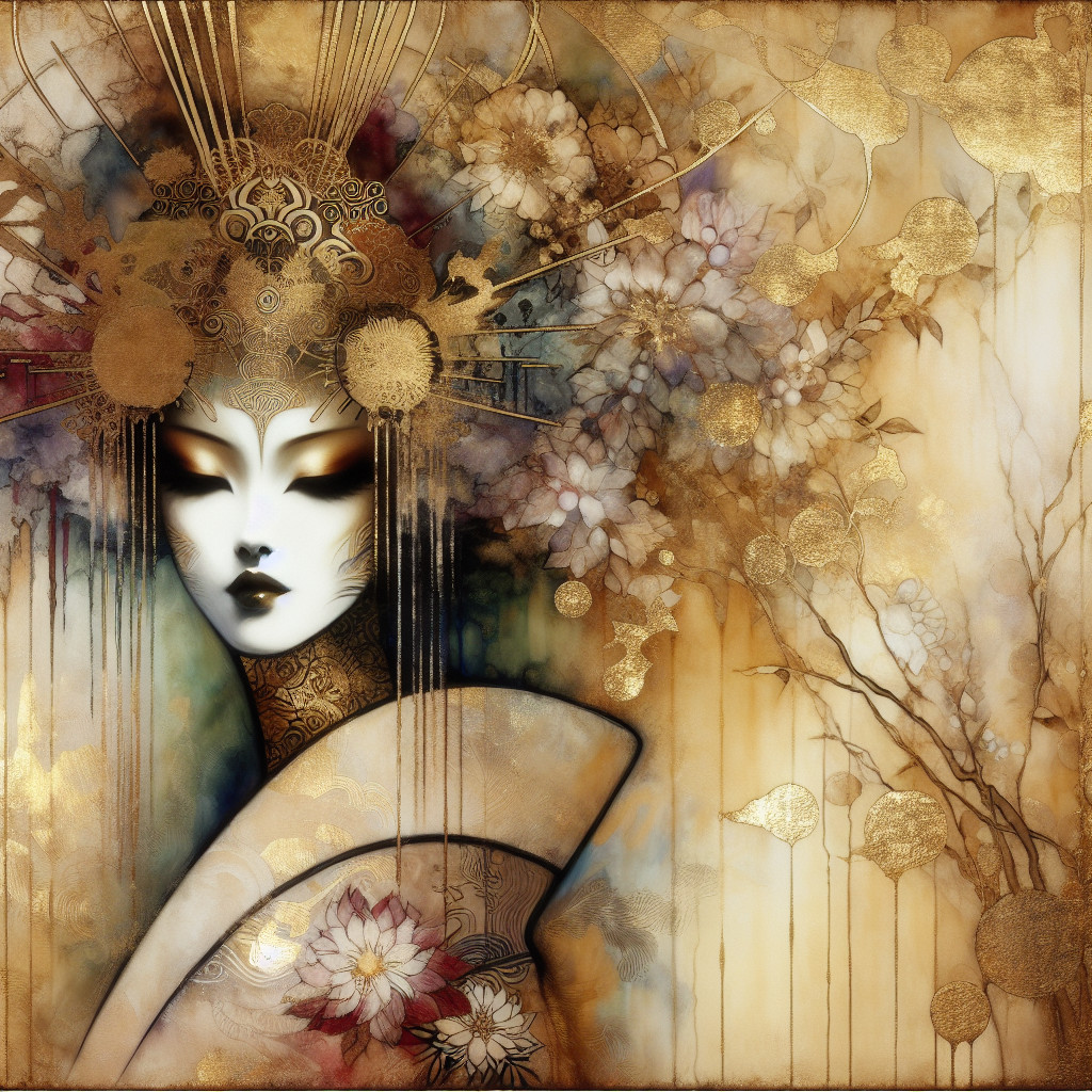 Serene figure with ornate headdress and floral motifs