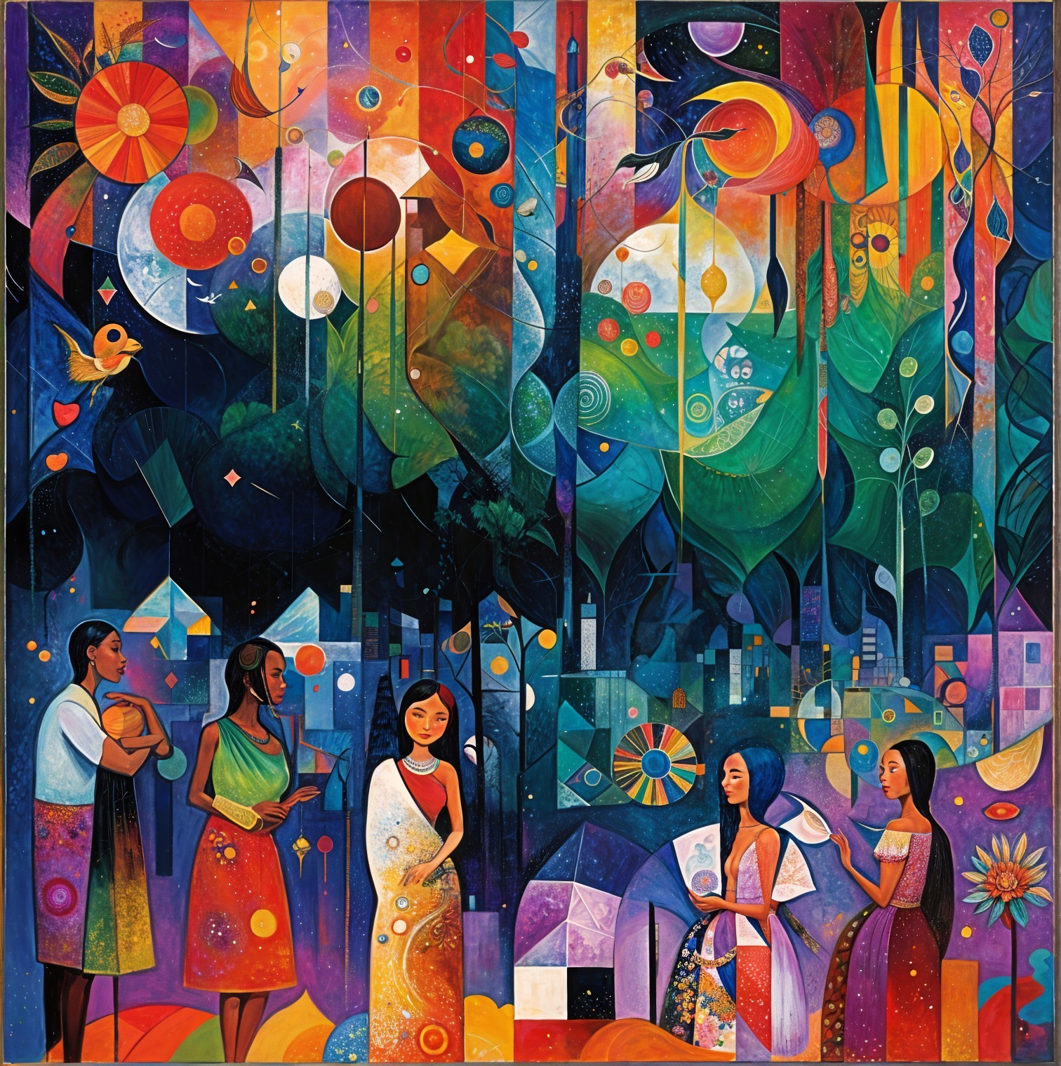 Vibrant Artwork with Five Women in Abstract Landscape