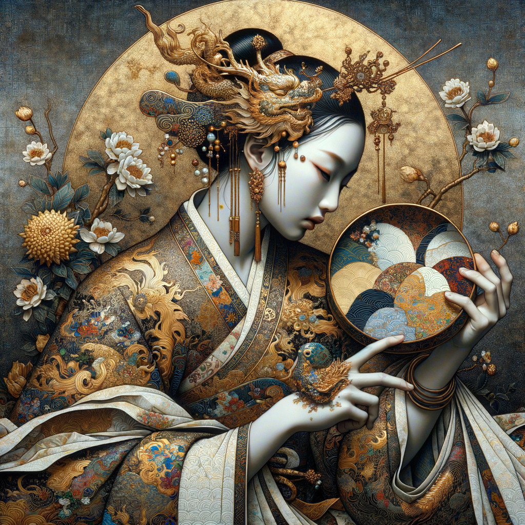 Intricate Artwork of Serene Figure in Ornate Kimono