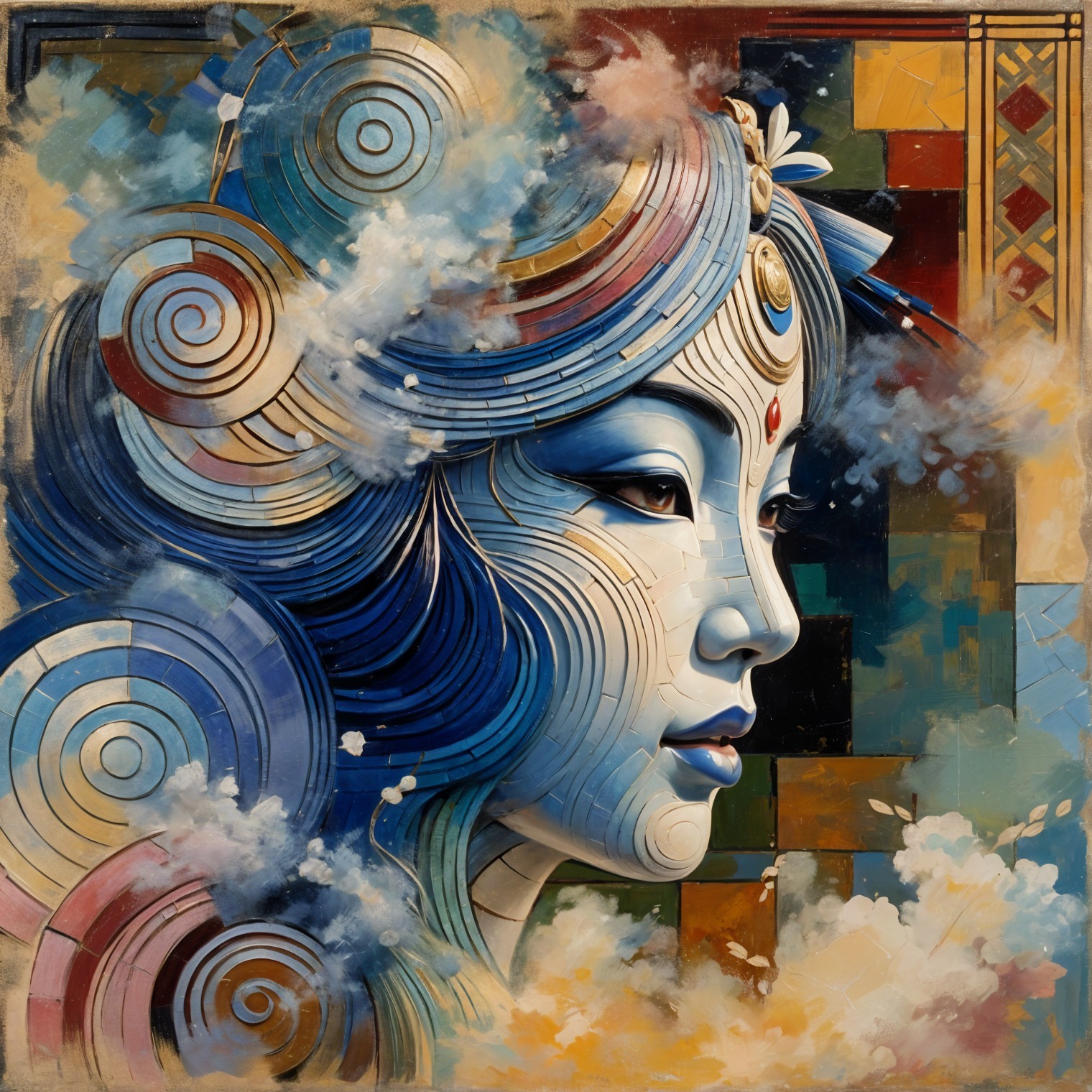 Stylized Female Figure with Flowing Hair and Geometric Shapes