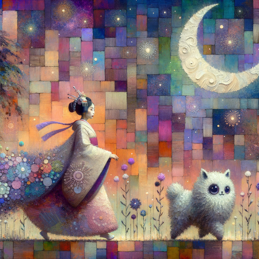 Young Woman in Floral Kimono with White Cat at Night