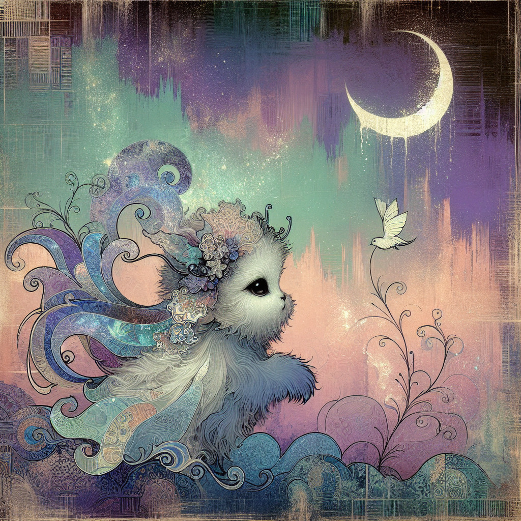Whimsical Pastel Scene with Fluffy Creature and Bird