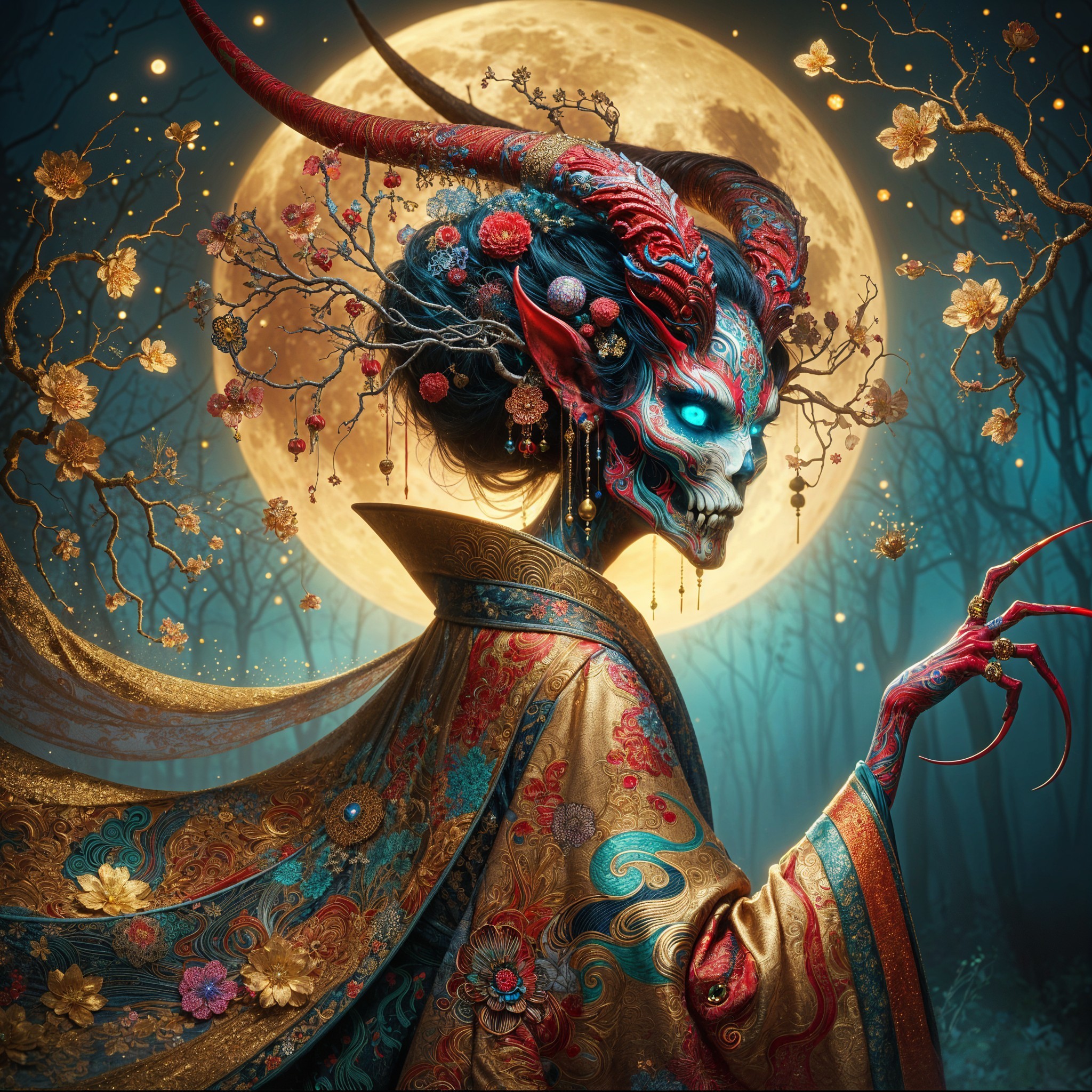 Striking figure in golden robe under full moonlight