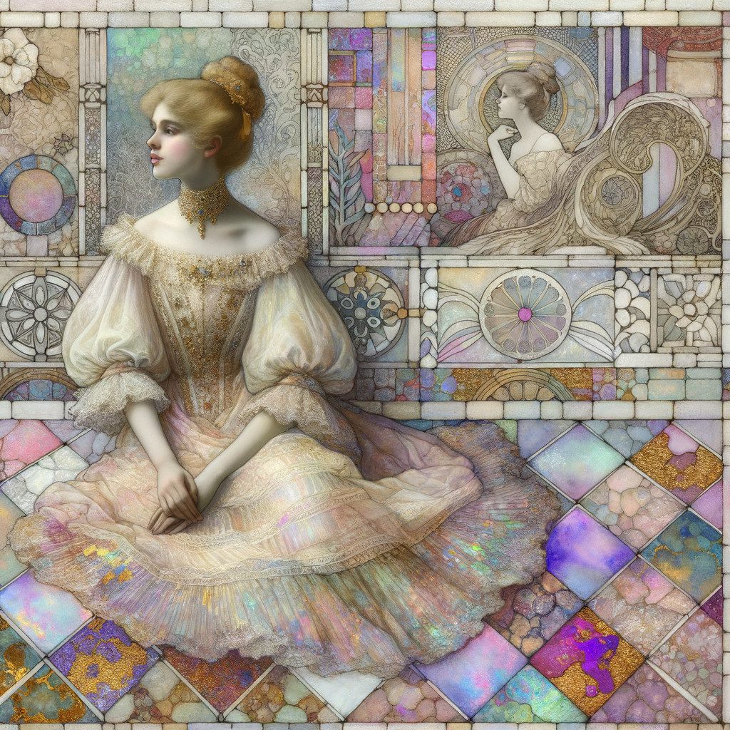 Young Woman in Elegant Gown Against Stained Glass