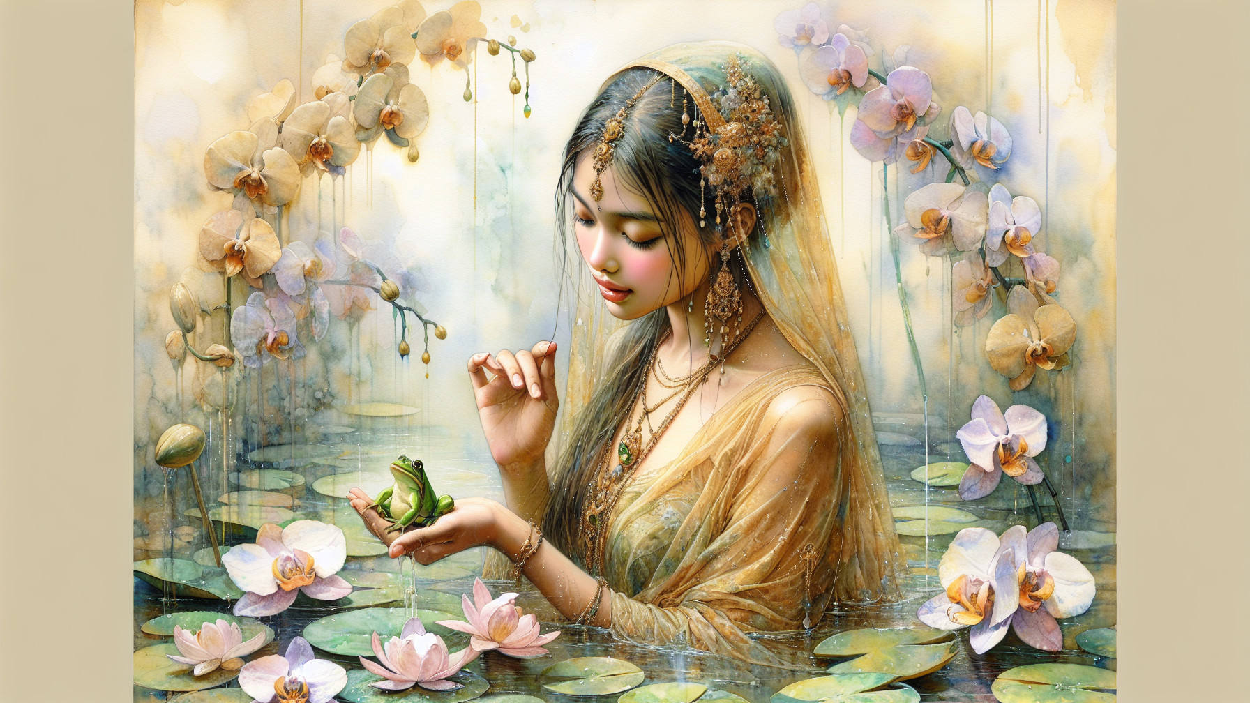 Serene Scene of a Woman in Nature with Frogs and Flowers
