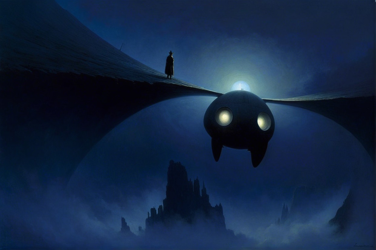 Surreal Dark Landscape with Mysterious Figure and Fog