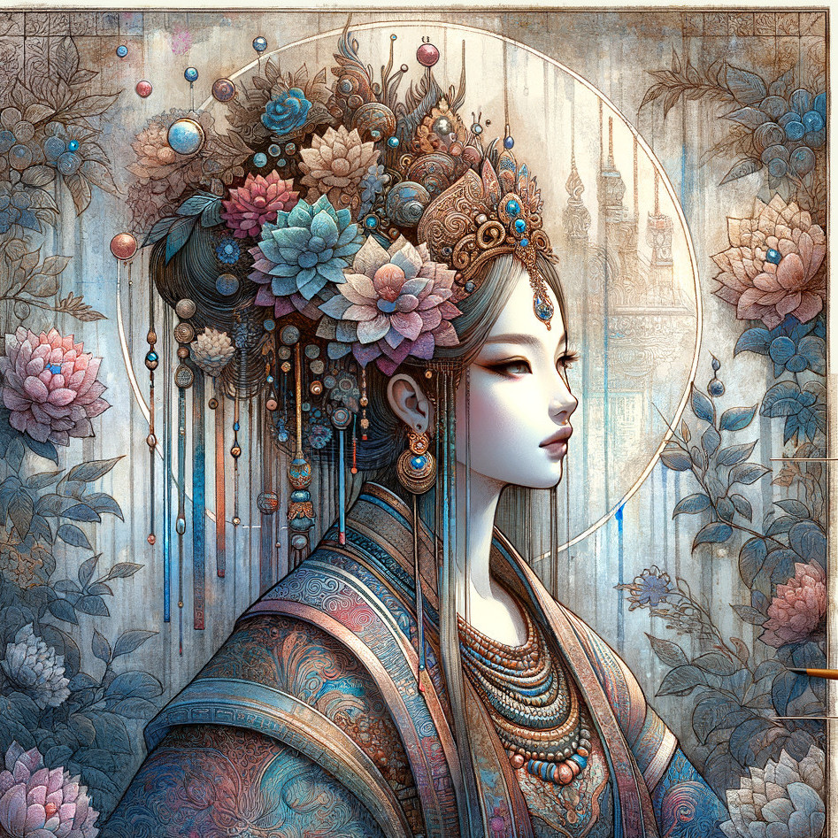 Serene Woman in Ornate Attire with Floral Headdress