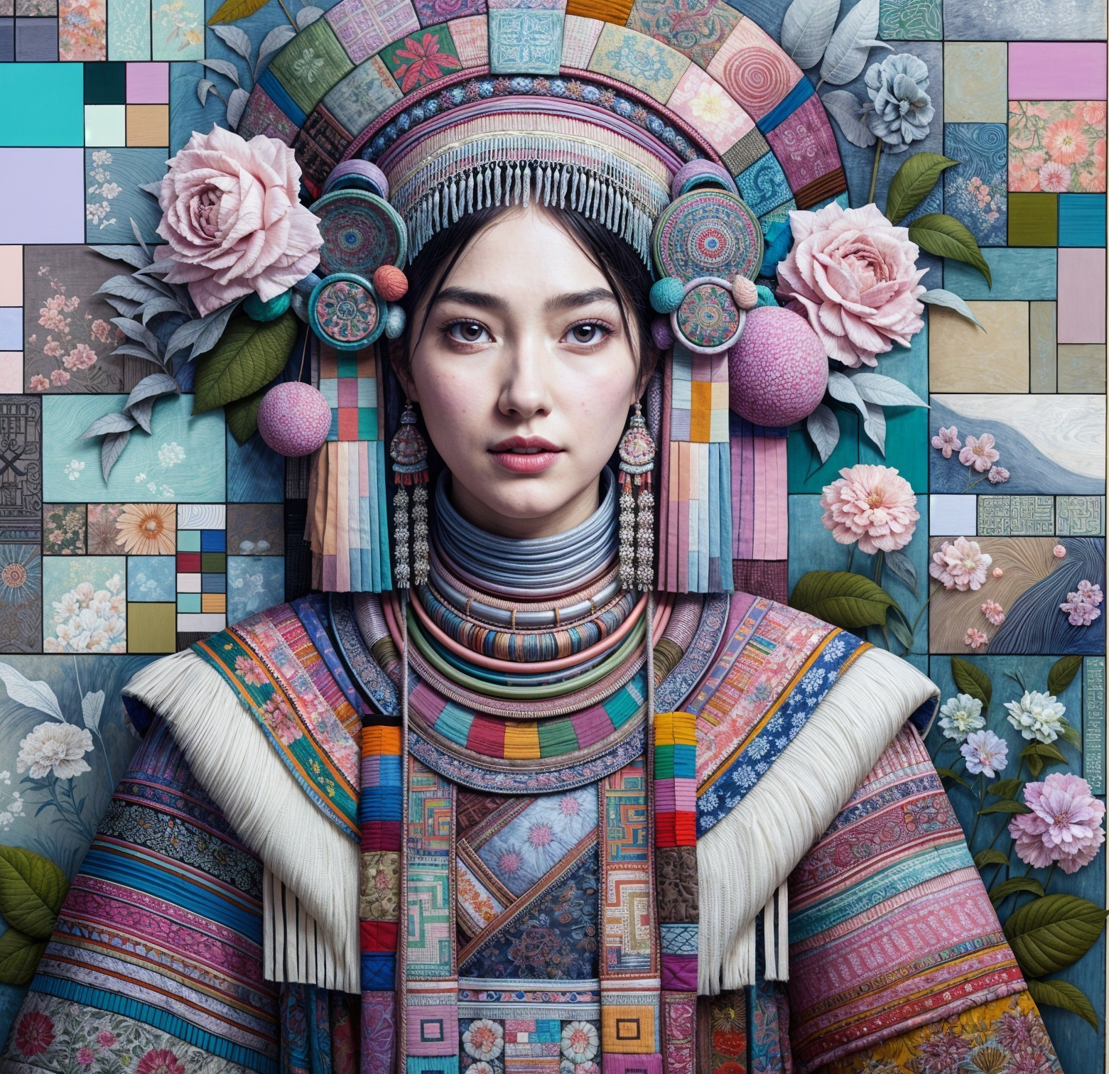 Traditional Woman in Colorful Intricate Outfit and Headdress