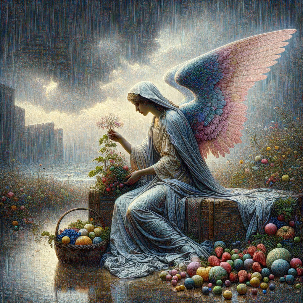 Serene angel tending flower with colorful eggs nearby